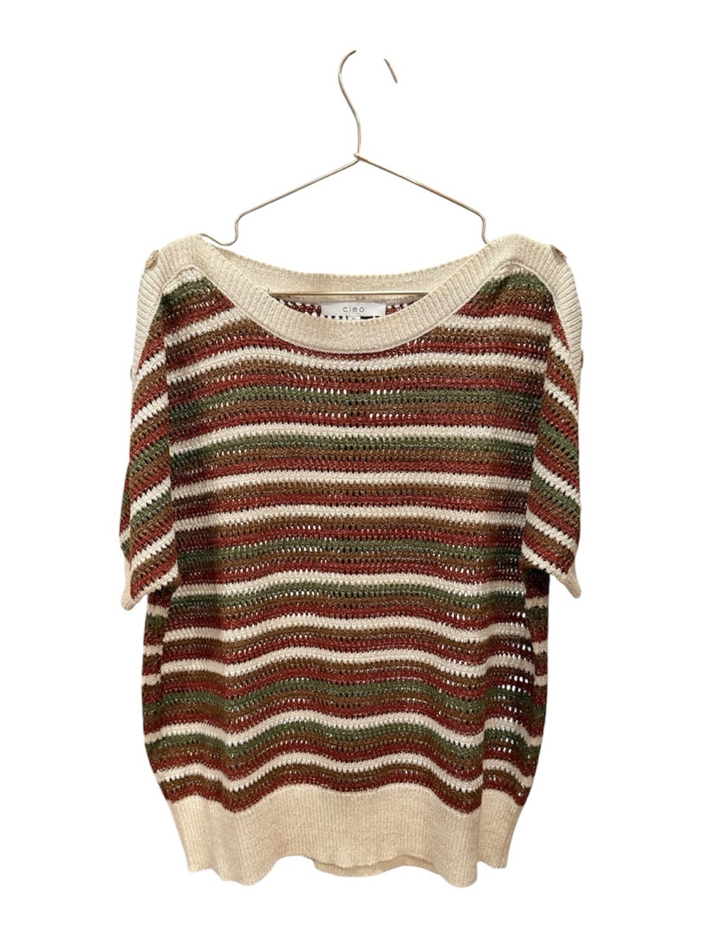 Cleo Striped Short-Sleeve Knit Sweater in Cream, Olive & Rust Size XL